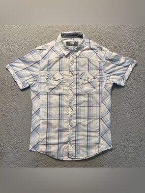 BKE Button Up Shirt Blue/White Standard Fit Plaid SS Western Pearl Snap Men’s L